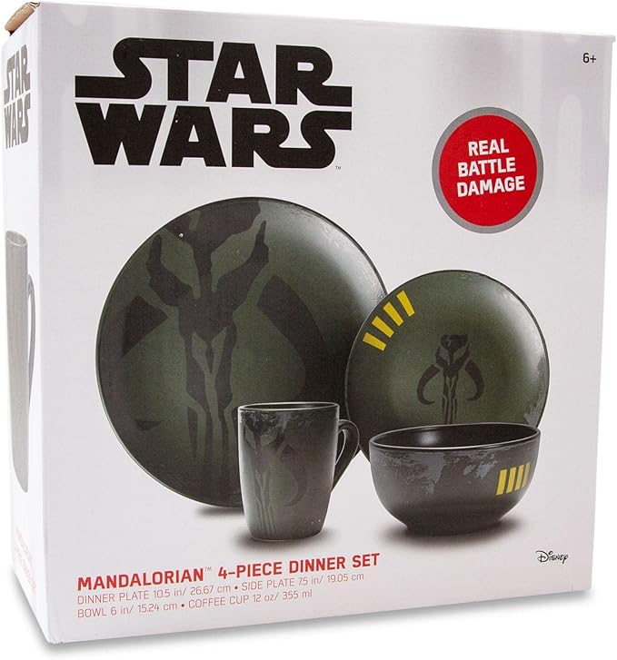 Star Wars Boba Fett Mandalorian Dinnerware Dining Set | Official Star Wars Collectible Stoneware Display | Includes Plates Bowl And Mug | 4-Piece Set