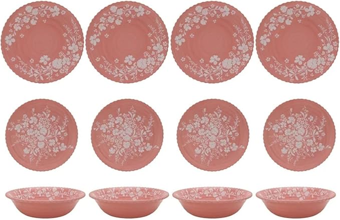 12-Piece Bamboo Melamine Dinnerware Set Service for 4 Includes Dinner Plates Salad Plates and Cereal Bowls Dishwasher Safe (Pink)