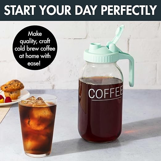 Primula Mason Jar Cold Brew Iced Coffee Maker with Stainless Steel Filter and Easy Pour Lid Durable Glass Pitcher Fits in Most Fridge Doors Dishwasher Safe Made without BPA 2-Quart Aqua