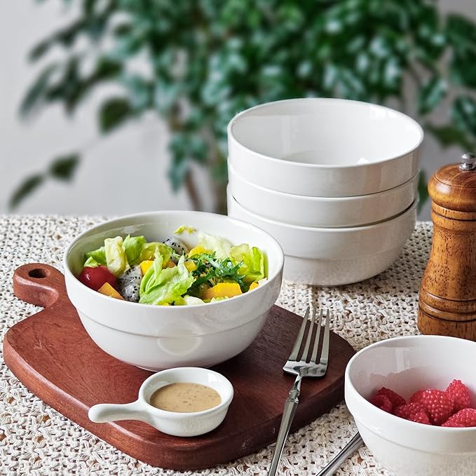 HAPPY KIT 12 Pieces Porcelain Dinnerware Set Serving Plates and Bowls Set for 4 Chip and Scratch Resistant White Kitchen Dishware Sets Thick-edge Non-slip Design