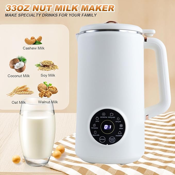 Nut Milk Maker Machine 33 OZ/1000 ML Soy Milk Maker Multi-Function Automatic Nut Milk Maker with 10 Blades for Homemade Plant-Based Milk Oat Crushing Ice Juice with 12 Hours Timer/Auto-Clean