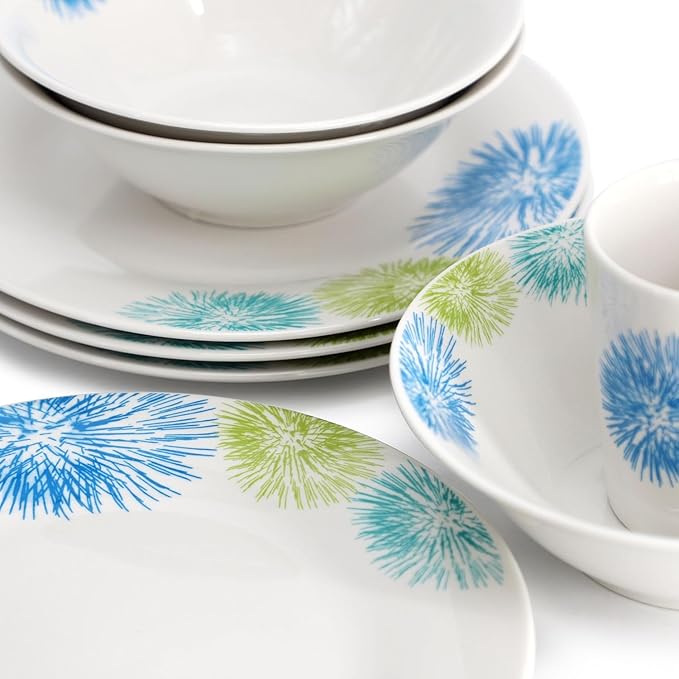 12-Piece Ceramic Dinnerware Set for 4 – White Round Plates Bowls &amp Mugs with Green Loops – Microwave &amp Dishwasher Safe Tableware Set (Colored)