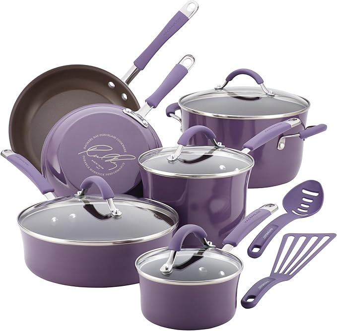 Rachael Ray Cucina Nonstick Cookware Pots and Pans Set 12 Piece Lavender Purple