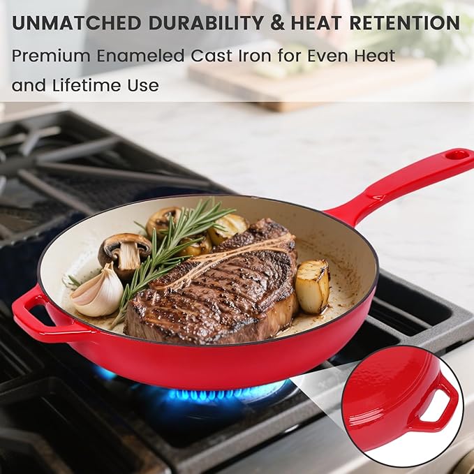Hisencn Enameled Cast Iron Frying Pan Set 3 Piece Set of 8''/9.5''/11'' Skillets PFAS &amp PTFE &amp PFOA Free Gas/Induction/Electric/Oven Compatible Rouge Red