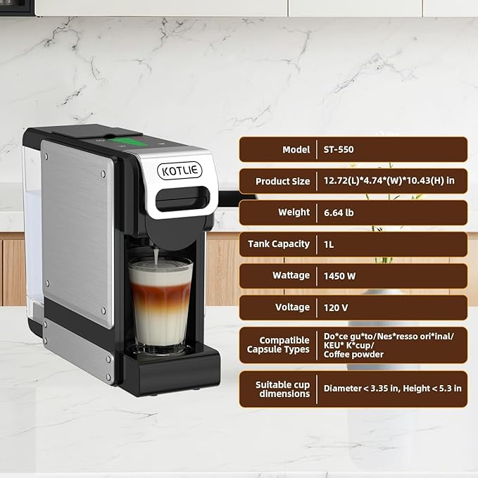 KOTLIE Update 4-in-1 Capsules &amp Grounds Single-Serve Coffee MakerCompatible with K*cup/Nes* Original/Dol*e Gusto/Grounds19 Bar (Black)
