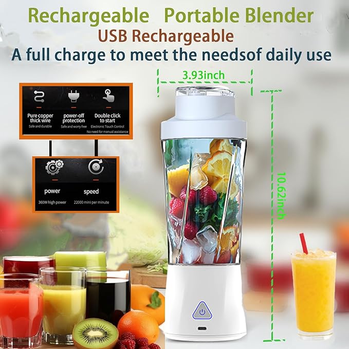 Personal Blender360 Watt Portable Blender for SmoothiesMilkshakes and Baby food6000mAh USB RechargeableBPA Free 24 oz Portable Juicer with 6 Blades and LidSuitable for Outdoor SportsTravel