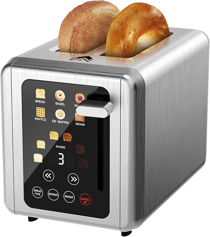 2 Slice ToasterTouchscreen &amp Dual Independent Control Panel5 Basic Functions &amp Digital Countdown Toasters6 Shade Settings＆6 Bread TypesSmart Bread Maker Mute/Screen-OffTitanium