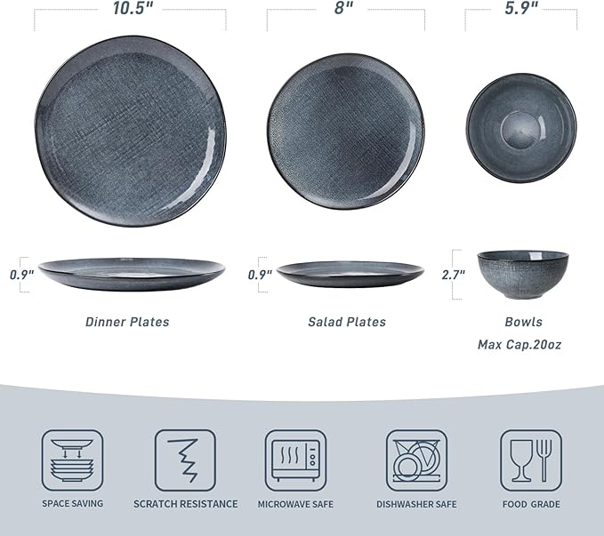 Famiware Moonlight Plates and Bowls Sets 18 Pieces Stoneware Dinnerware Sets with Linen Finish Handmade Dishware set for 6 Microwave and Dishwasher Safe Scratch Resistant Tableware Dark Blue