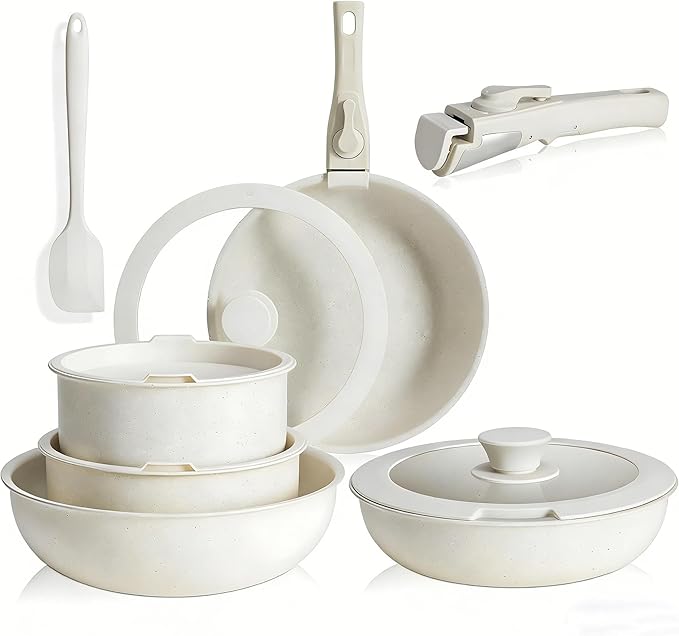 HealSmart 12 Pcs Pots and Pans Set Non-Stick Cookware Set with Detachable Handles Beige Granite Texture Resistant to High Temperatures Oven Safe PFAS and PFOA Free