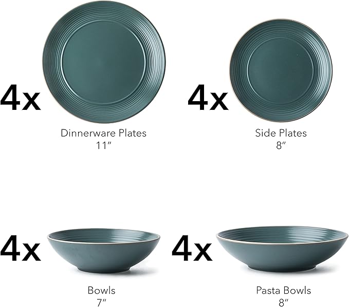 RINGAR Round Stoneware 16pc Double Bowl Dinnerware Set for 4 Dinner Plates Side Plates Cereal Bowls Pasta Bowls - Speckle Matte Green (431952)