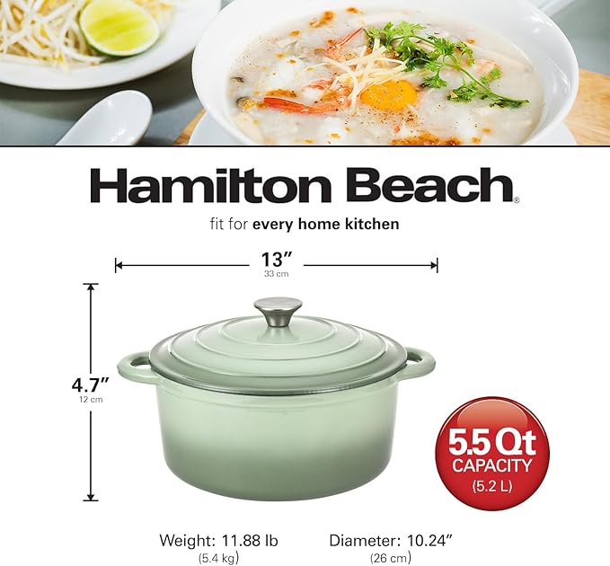 Hamilton Beach Enameled Cast Iron Dutch Oven 5.5-Quart Sage Cream Enamel Dutch Oven Pot with Lid