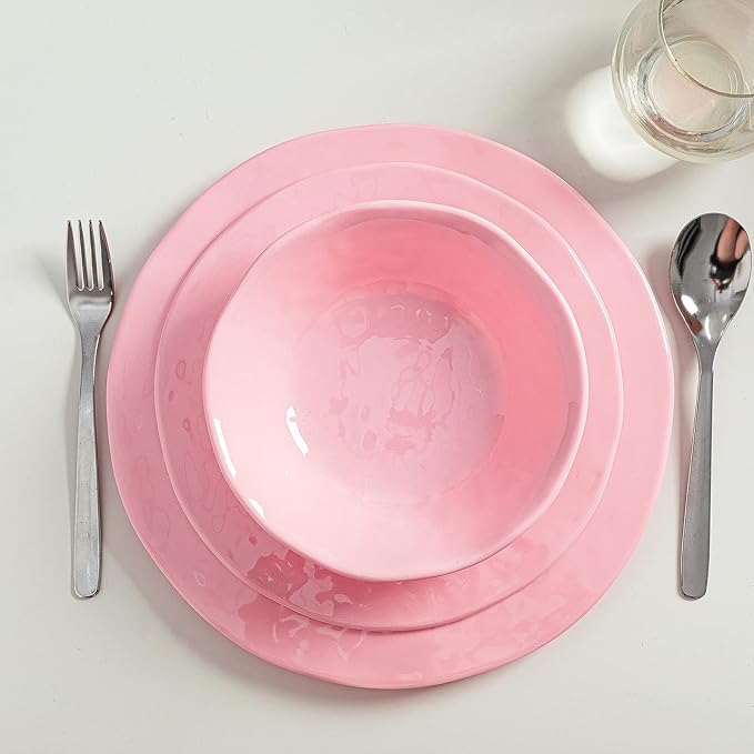 LEHAHA Pink Dishes Melamine Dinnerware Sets 12 Piece Kitchen Plates and Bowls Dinnerware Sets Lightweight BPA free Melamine Dishes for Girls Valentine's Day Mother's Day.