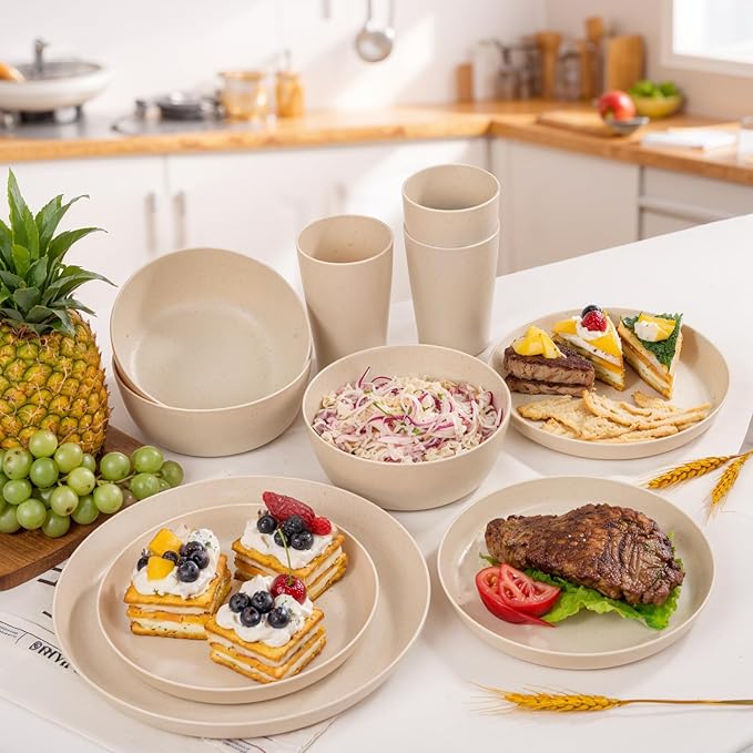 EI 24pcs Wheat Straw Dinnerware Set Beige Wheat Straw Plates Reusable Unbreakable Plates for Camping Picnics &amp Family Dinners