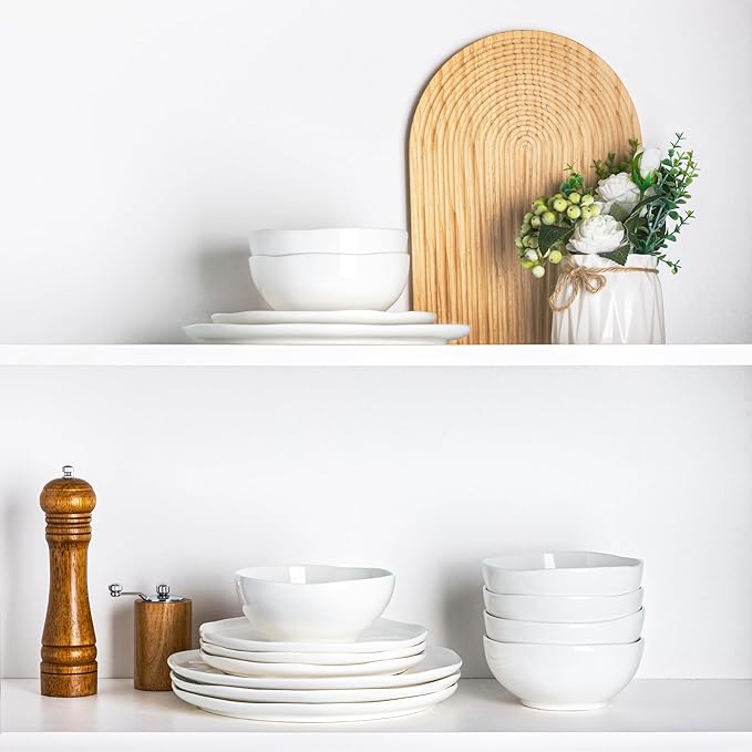 GBHOME Ceramic Dinnerware Sets for 4 12 Pieces Porcelain Lightweight Plates and Bowls Sets Scratch Resistant Dish Set Oven &amp Microwave &amp Dishwasher Safe Angel White