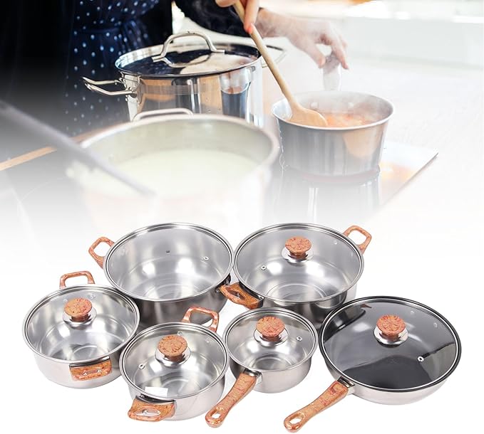 Stainless Steel Pots Pans Set Chic Wood Grain Design Multi Functional Cookware Set Glass and Phenolic Plastic Kitchen Pots Pans Set for Soup Frying Boiling Noodles