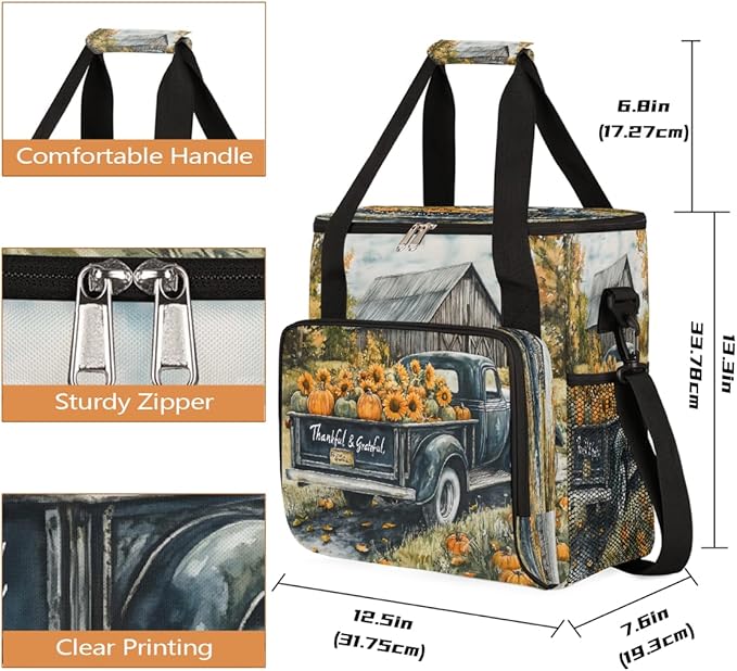 Wooden House Pumpkin Sunflower Truck Coffee Maker Carring Bag Travel Carrying Storage Tote Bag Compatible with Keurig K-Mini or K-Mini Plus Portable Single Serve Coffee Brewer Case with Pockets