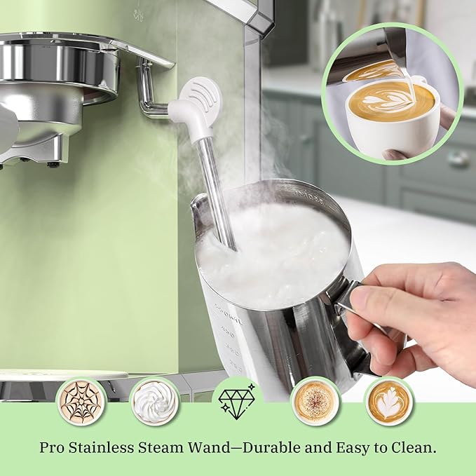 Laekerrt Espresso Machine 20 Bar Espresso Maker CMEP01 with Milk Frother Steam Wand Professional Expresso Machine for Cappuccino and Latte (Stainless Steel Green) Gift for Dad Father Coffee Lovers