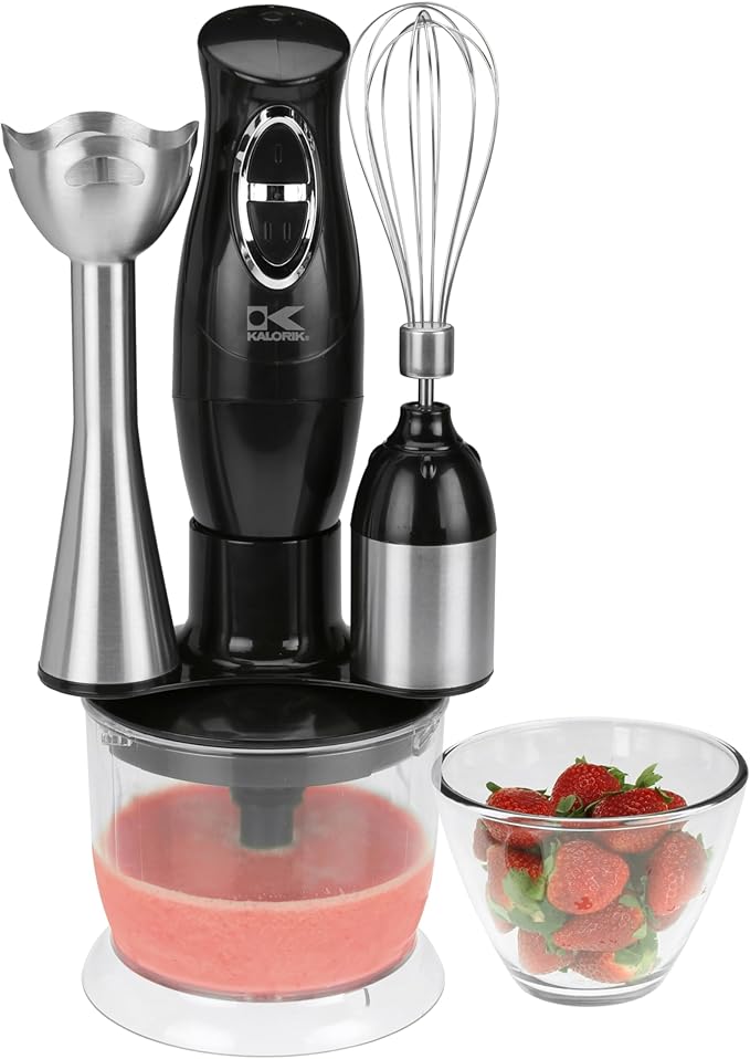 Kalorik Immersion Blender 3-in-1 Handheld Emulsion Combi Blender with Chopper Whisk and Stick Mixer Attachments Two Speed Switch and Stainless Steel Shaft and 20-Oz Mixing Cup 200-Watts Black