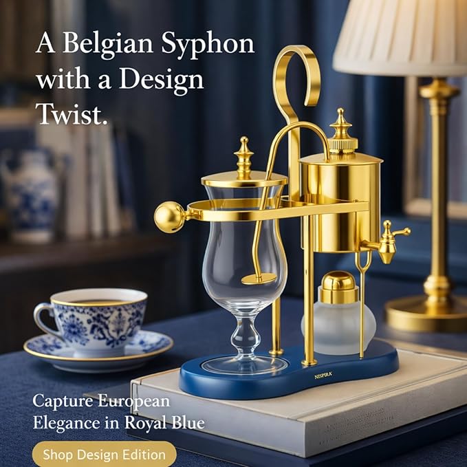 Nispira Belgian Balance Syphon Vacuum Coffee Maker 500ml Vintage Gravity Brewing System Gold &amp Peacock Blue Finish Manual Tabletop Coffee Brewer