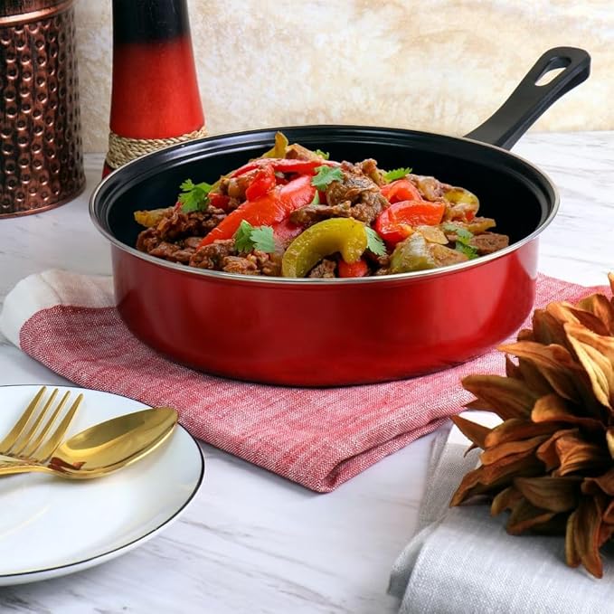 7-Piece Nonstick Steel Cookware Set in Red – Everyday Pots and Pans with Heat-Resistant Handles