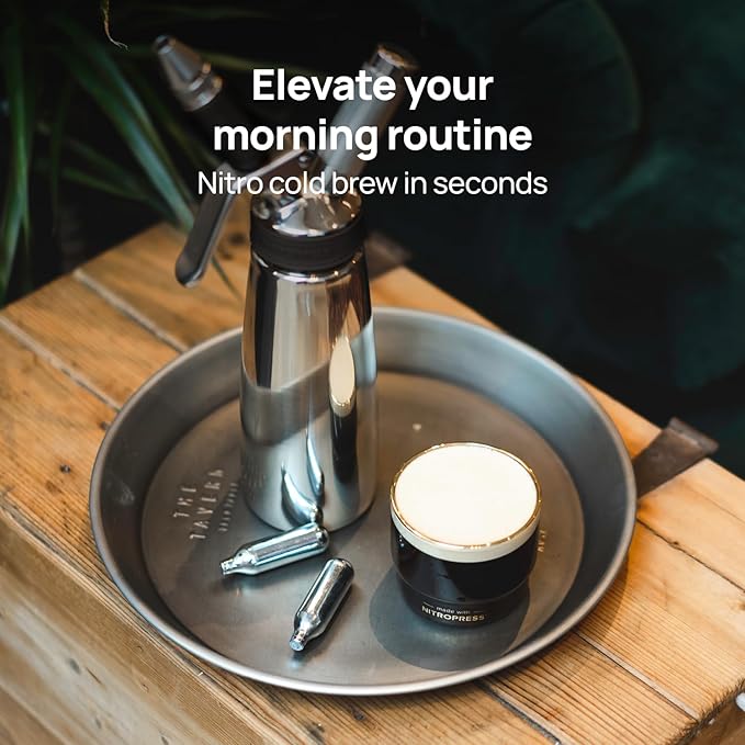 Original NitroPress - Nitro Cold Brew Coffee Maker | Portable Nitrogen Infuser for Smooth Nitro Drinks Cold Brew Cocktails &amp Tea at Home or On the Go | Uses N2 Cartridges | Stainless Steel Desig