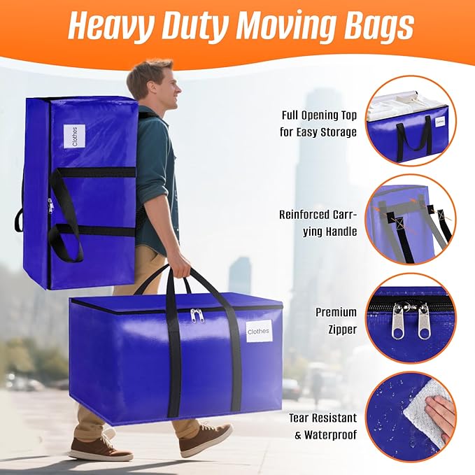 8-Pack Moving Bags with Backpack Straps &amp Carry Handles 25 Gallons-93 L Heavy Duty Storage Totes for Space Saving Foldable Storage Bags for College Dorm Travel Camping (Blue)