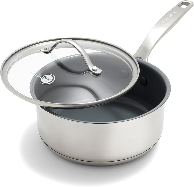 GreenPan Stainless Steel Treviso 2.1QT Saucepan with Lid Healthy Ceramic Nonstick PFOA-Free PFAS-Free Induction Dishwasher Safe Oven Safe Even Heating Silver