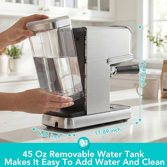 Espresso Machine 20 Bar Stainless Steel Espresso Maker with Steam Milk Frother Compact Coffee Machine with 45oz Removable Water Tank for CappuccinoLatte&ampCold Brew Home&ampOffice