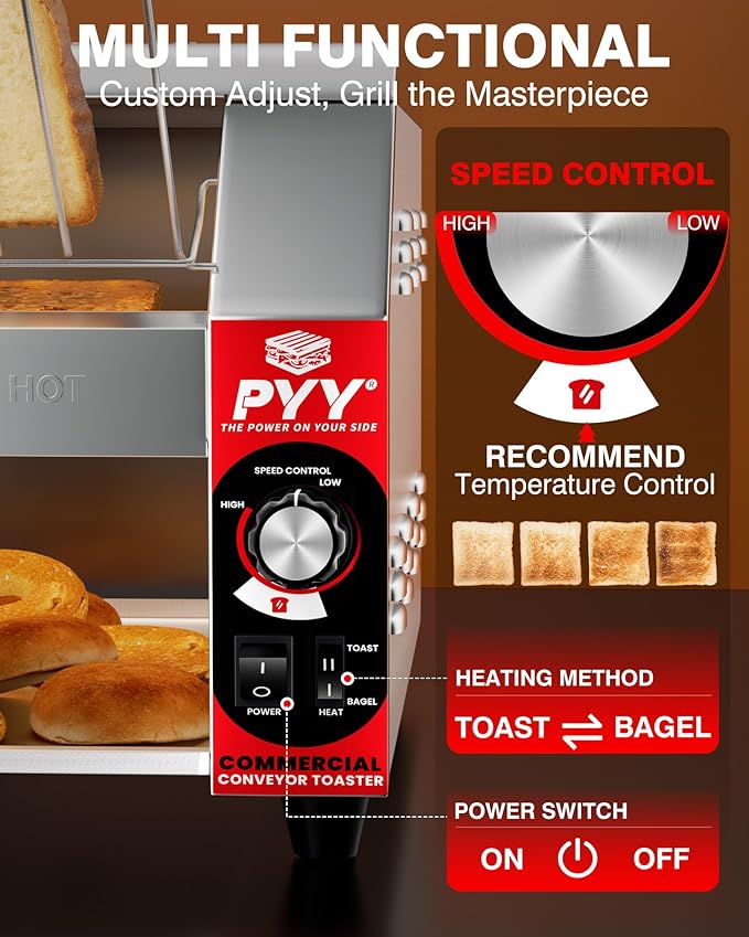 PYY Commercial Conveyor Toaster - 200 Slices/Hour Upgrade Electric Industrial Belt Toasters Heavy Duty Stainless Steel Tostadora Transportadora for Bun Bagel Bread Waffle Restaurant Buffet