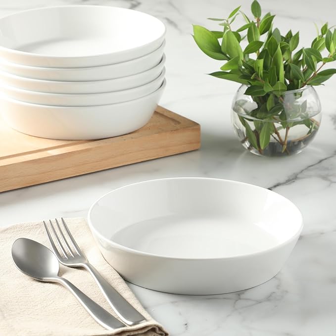 Martha Stewart Selma 6-Piece 41oz 8 Inch Large Pasta Bowls Porcelain Ceramic Chip and Scratch Resistant Shallow Salad Bowl Serving Bowls Soup Bowls Set Dishwasher &amp Microwave Safe White