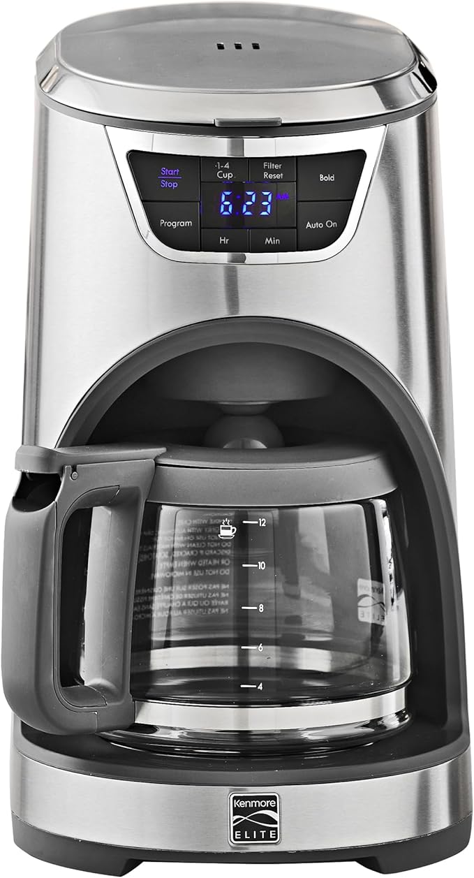Koolatron Kenmore Elite Drip Coffee Maker - 12-Cup Programmable Coffee Machine With Glass Pot Pause and Pour Auto Shut-Off Large Water Reservoir Reusable Filter Dishwasher Safe Carafe