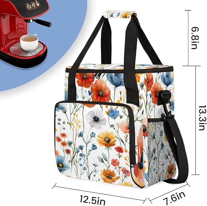 Cheerful Flower Coffee Maker Carrying Bag Portable Travel Storage Tote Bag Compatible with K-Mini or K-Mini Plus Single Serve Coffee Brewer Carrying Case with Multiple Pockets &amp Shoulder Strap