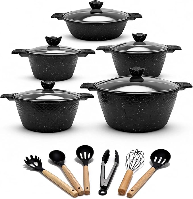 16PCS Cookware Set - Home Nonstick Stock Pot with Glass Lid Pots and Pans Set Cooking Pots Set Cast Aluminum Stay Cool Handles Dishwasher Safe PTFE/PFOA Free Speckled Black