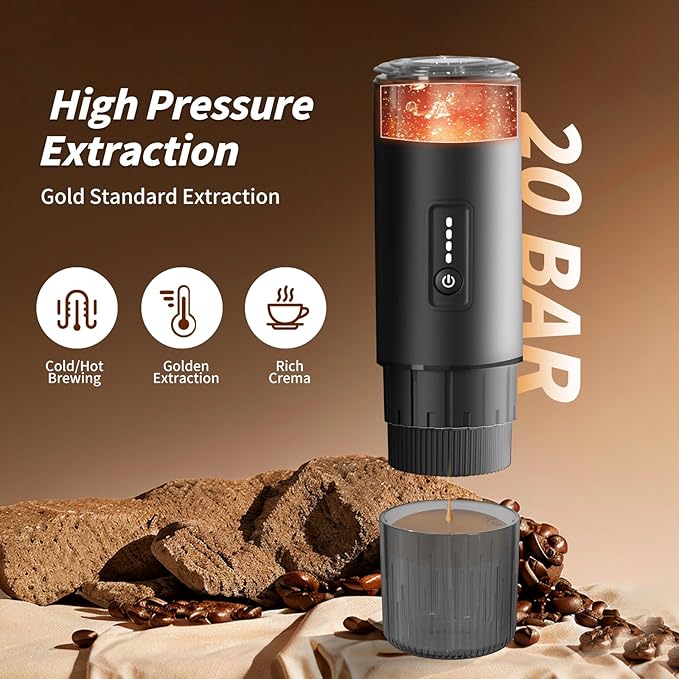 Portable Espresso Maker with Stainless Steel Body | 7500mAh Rechargeable Battery | 20 Bar Self-Heating with USB-C | Works with Most Capsules Compatible for Camping Travel Outdoor (Black)