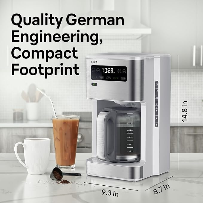 Braun PureFlavor 14‑Cup Programmable Coffee Maker – Fast Brew Speed Touch Display Bold &amp Brew‑Over‑Ice Modes FlavorCarafe &amp Adjustable Warm Plate White