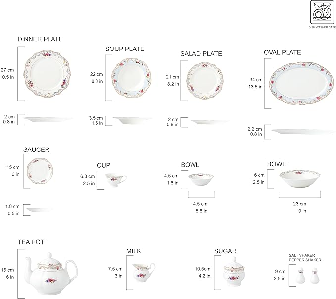 Joseph Sedgh Collection Romantic Bloom 57-Piece Bone China Dinnerware Set Service for 8 Floral with Blue and Gold Trim