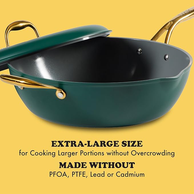 Frok 13 Frying Pan Wok Skillet 4MM Thick Quick Heat Aluminum Cookware w/Aluminum Lid Premium PFA Free Ceramic Nonstick Interior &amp Heat Resistant Exterior - Induction - Green &amp Gold
