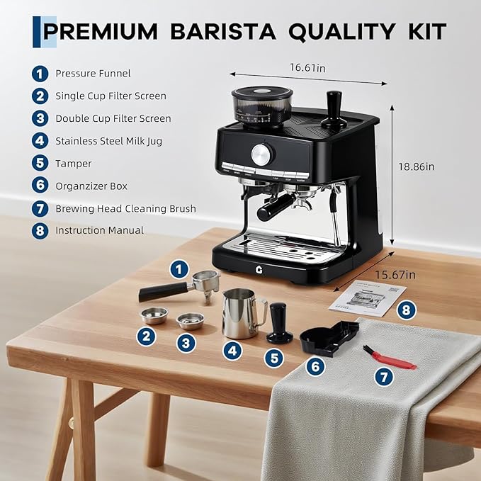20 Bar Stainless Steel Espresso Machine with Integrated Grinder Adjustable Shot Volume 1.5l Removable Water Tank Steam Milk Frother Wand for Home and Office Use Black
