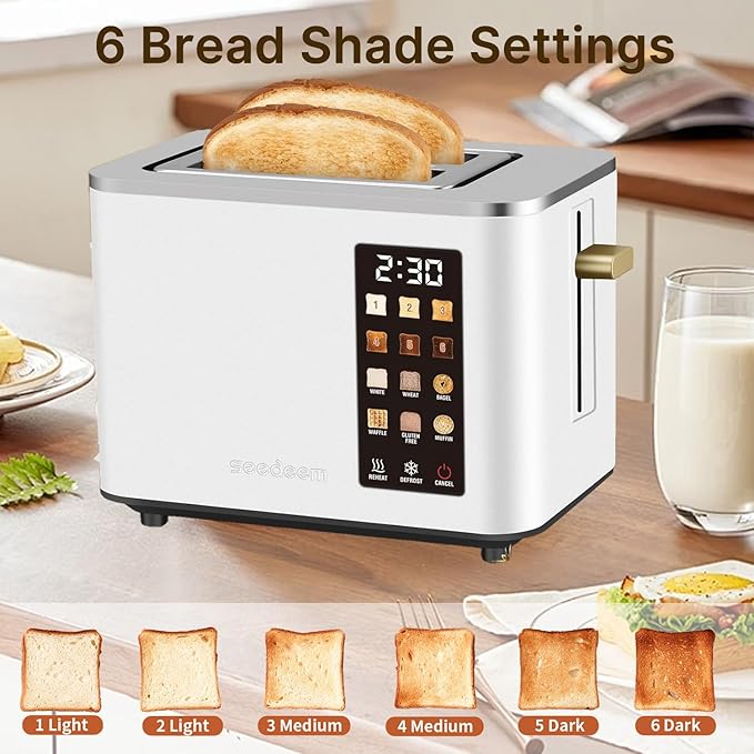 2-Slice Toaster with Touch Control 6 Shade Settings &amp 6 Bread Type 900W Removable Crumb Tray Countdown Display Smart Stainless Steel Design White
