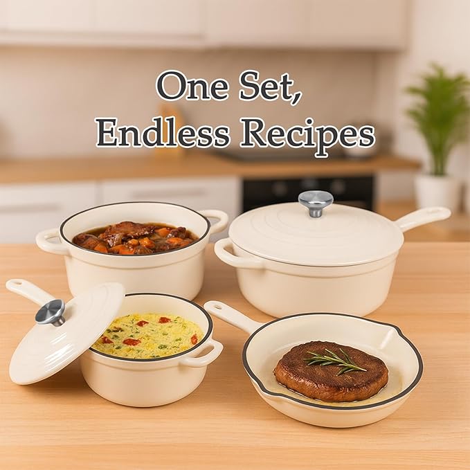 QuliMetal Nonstick Enameled Cast Iron Cookware Set 4-Pcs Pots and Pans with Lid Healthy Round Dutch Oven Pot for Sourdough Bread Baking Oven Safe up to 500° F or on All Stovetop