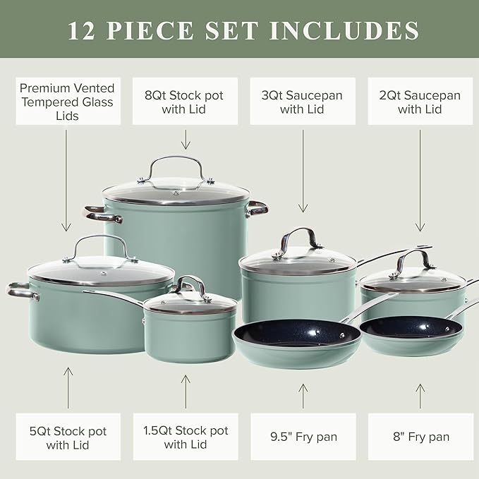 Nuwave Healthy Duralon Blue Ceramic Nonstick Cookware Set Diamond Infused Scratch-Resistant PFAS Free Dishwasher &amp Oven Safe Induction Ready &amp Evenly Heats Tempered Glass Lids &amp Stay-