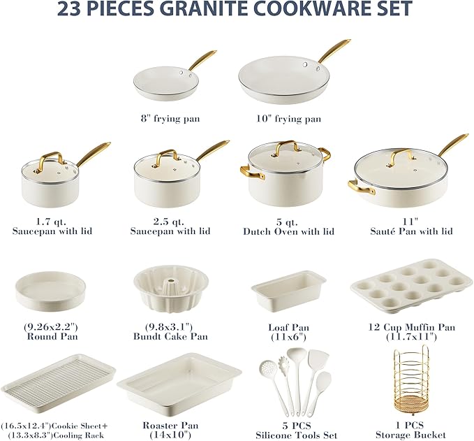 Pots and Pans Set Nonstick - Granite Cookware + Bakeware Set Kitchen Cookware Sets With Dutch Oven Frying Pans Saucepan Sauté Pan Silicone Utensils Cookie Sheet Baking Pan Set for Cooking Gifts