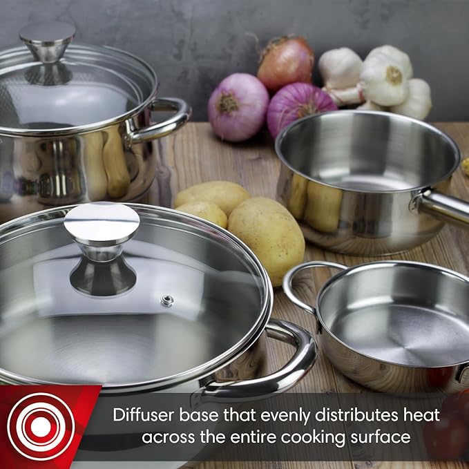 MAGEFESA IDEAL 11-Piece Cookware Set: 2 Stockpots 2 Saucepans 2 Mini Sauté Pans 2 Skillets Mesh Strainer Stainless Steel All Stovetops (Incl. Induction) Dishwasher Safe