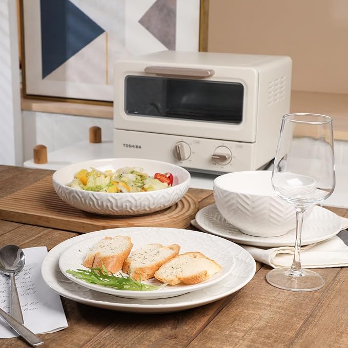 Sureasy Ceramic Plates and Bowls Sets 24 Pieces Dinnerware Sets for 6 Embossed Scratch Resistant Dinner Set Dishwasher and Microwave Safe White