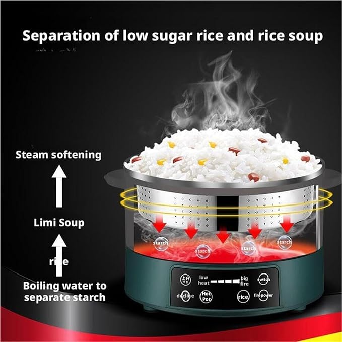 Low Carb Rice Cooker with Reservable 3L Lifting Sugar Removal Rice Cooker Intelligent Touch Control for Healthy Cooking Rice and Grain Multi-Cooker with Low Sugar Digital Steamer(Green)