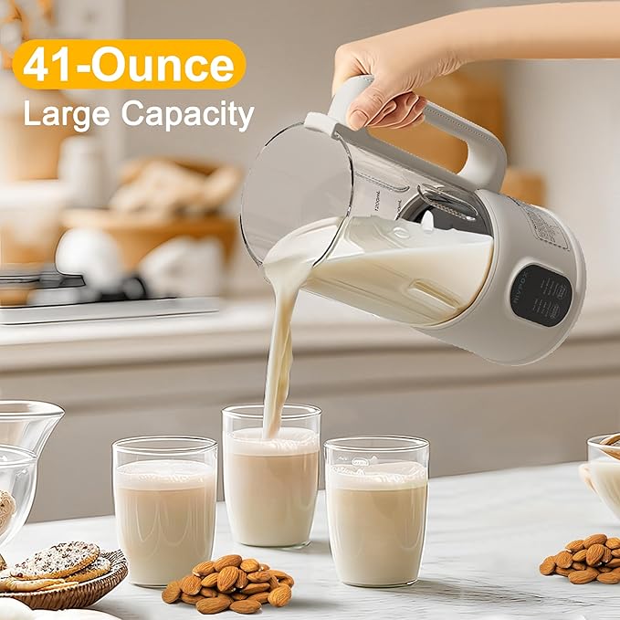 8 in 1 Automatic Nut Milk Maker 41oz Homemade Soybean Milk Almond Milk Oat Milk and Juice Electric Bean and Nut Milk Machine with Appointment Timer Keep Warm and Self-cleaning Function Beige