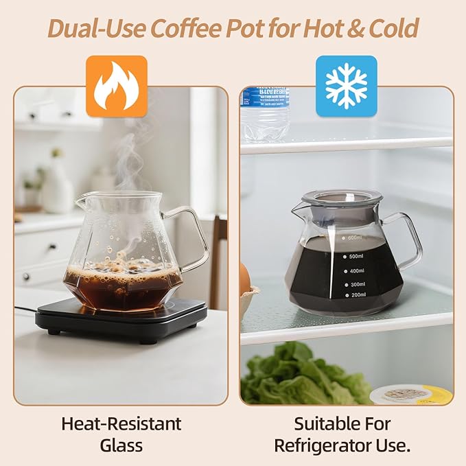 Pour Over Coffee Maker 20 OZ 6 Cup Borosilicate Glass Drip Coffee Maker with 40 pcs V60 Paper Filter and Walnut Grip for Home Café 600 ML