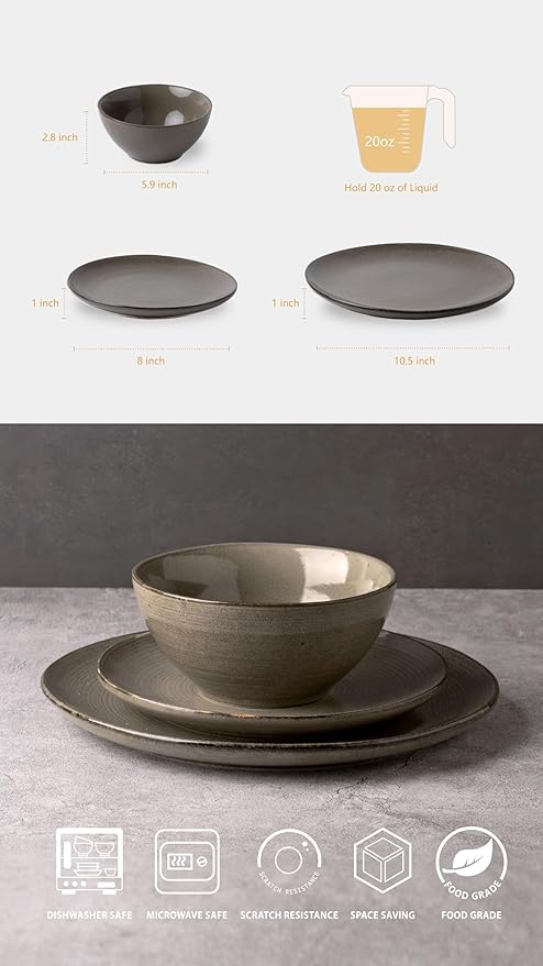Famiware Tempus Plates and Bowls Sets for 6 18 Pieces Stoneware Dinnerware Sets Reactive Glaze Dishes Set Dishwasher &amp Microwave Safe - Dark Olive