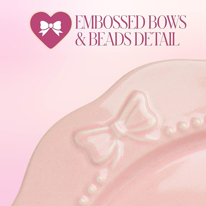 Paris Hilton 12-Piece Dinnerware Set Embossed Bow Design Iconic Ceramic Stoneware Service for 4 with Dinner Plates Salad Plates and Bowls Microwave &amp Dishwasher Safe Pink
