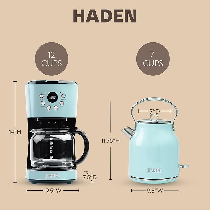 HADEN Coffee Machine 12 Cup Drip Coffee Maker Bundled with Heritage 1.7 Liter Stainless Steel Electric Kettle Turquoise &amp Chrome